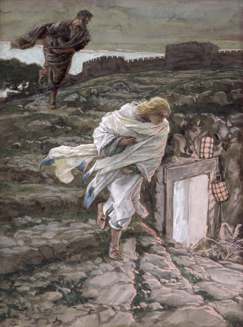 Svatý Petr a sv. Jan utíkají k hrobu, ilustrace pro Život Kristův, cca 1886-94 (wc a kvaš na kartonu) od James Jacques Joseph Tissot