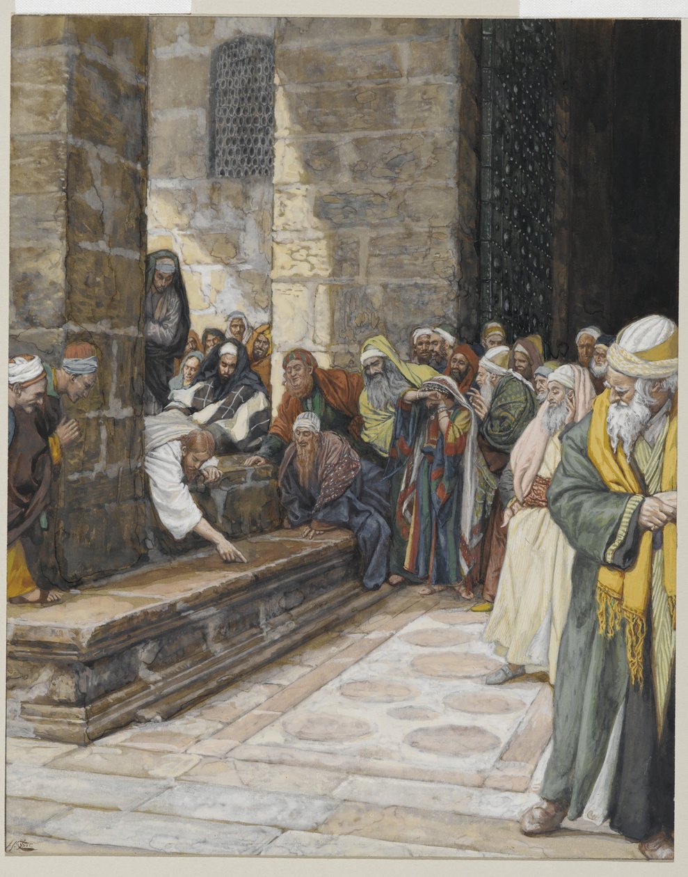 Cizoložná žena – Kristus píšící na zem, ilustrace ze Života našeho Pána Ježíše Krista, 1886-94 (wc přes grafit na papíře) od James Jacques Joseph Tissot