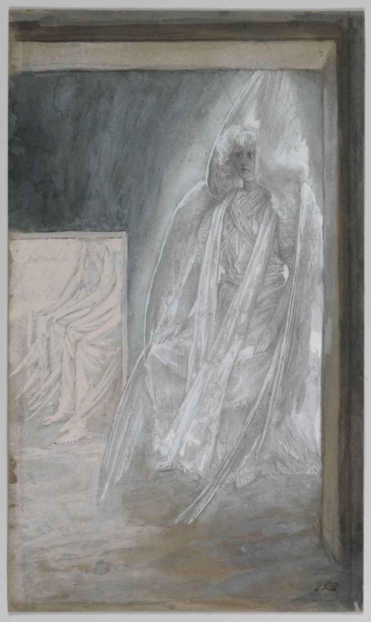 Anděl sedící na kameni hrobu, ilustrace ze Života našeho Pána Ježíše Krista, 1886-94 (wc přes grafit na papíře) od James Jacques Joseph Tissot