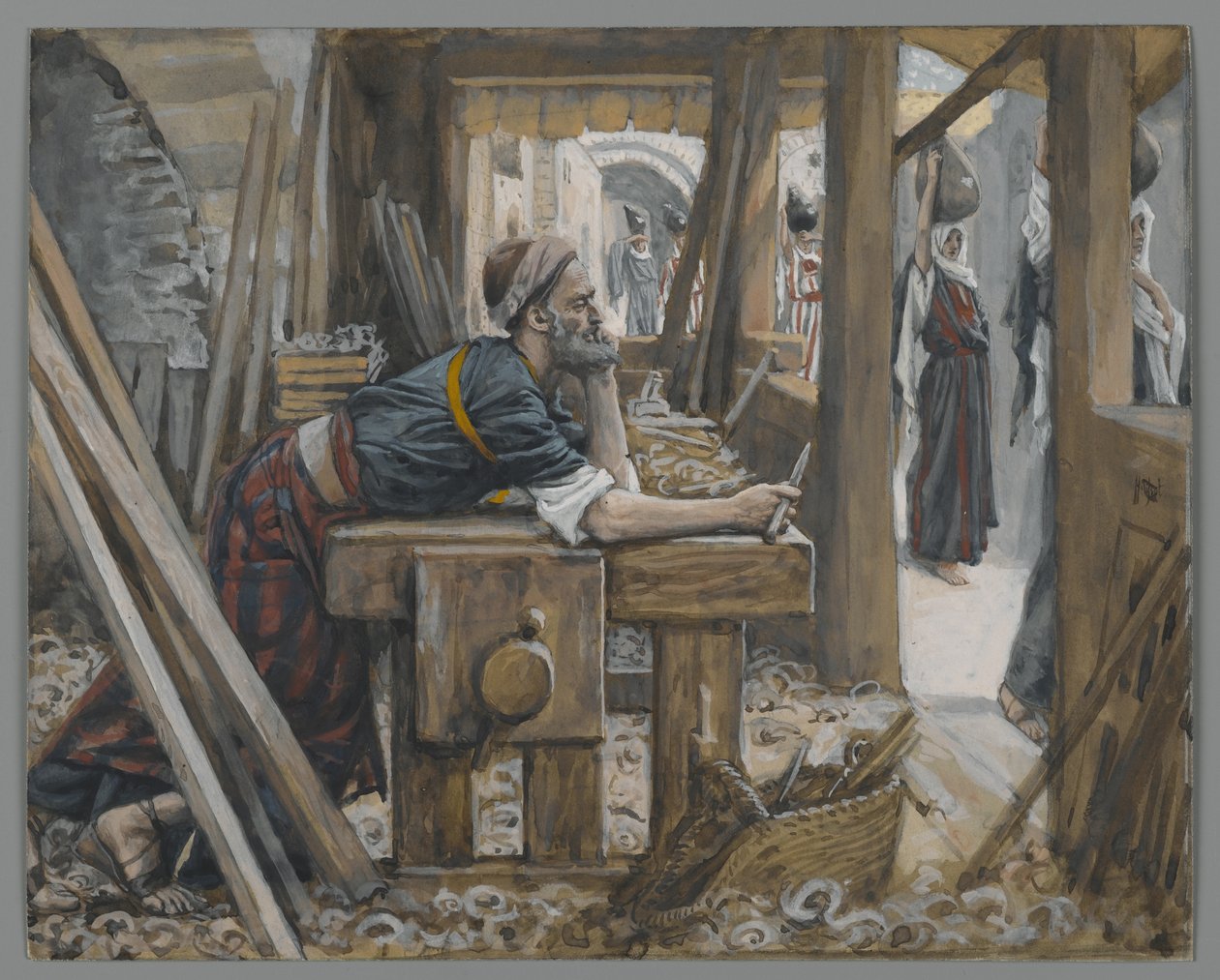 Úzkost svatého Josefa, ilustrace ze Života našeho Pána Ježíše Krista (wc přes grafit na papíře) od James Jacques Joseph Tissot