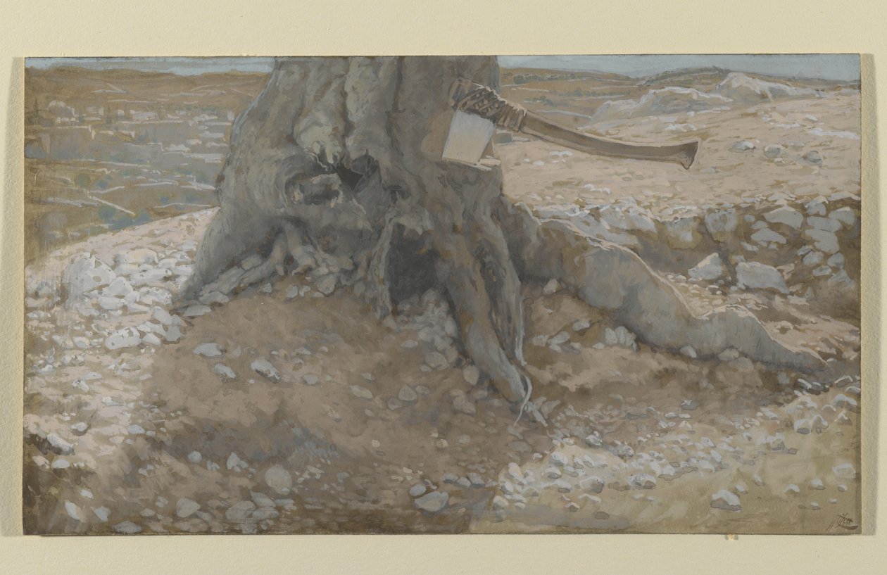 Sekera v kmeni stromu, ilustrace ze Života našeho Pána Ježíše Krista (wc přes grafit na papíře) od James Jacques Joseph Tissot