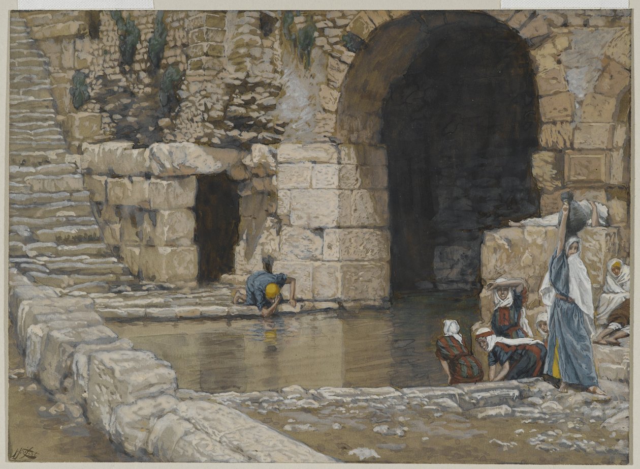 Slepý muž se myje v jezírku Siloam, ilustrace ze Života našeho Pána Ježíše Krista, 1886-96 (wc přes grafit na papíře) od James Jacques Joseph Tissot