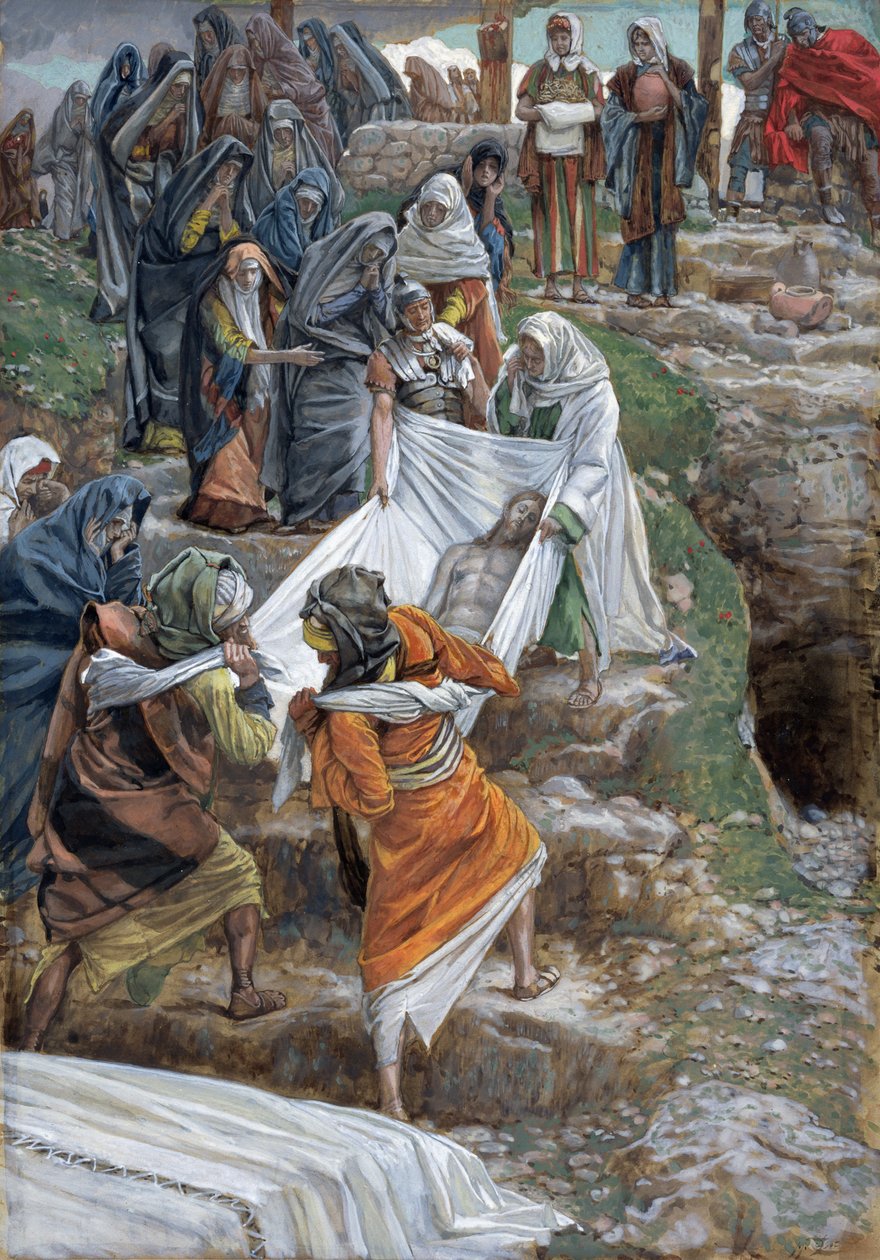 Tělo Ježíše nesené ke kameni pomazání, ilustrace pro Život Krista, kolem 1886-94 (wc a kvaš na kartonu) od James Jacques Joseph Tissot
