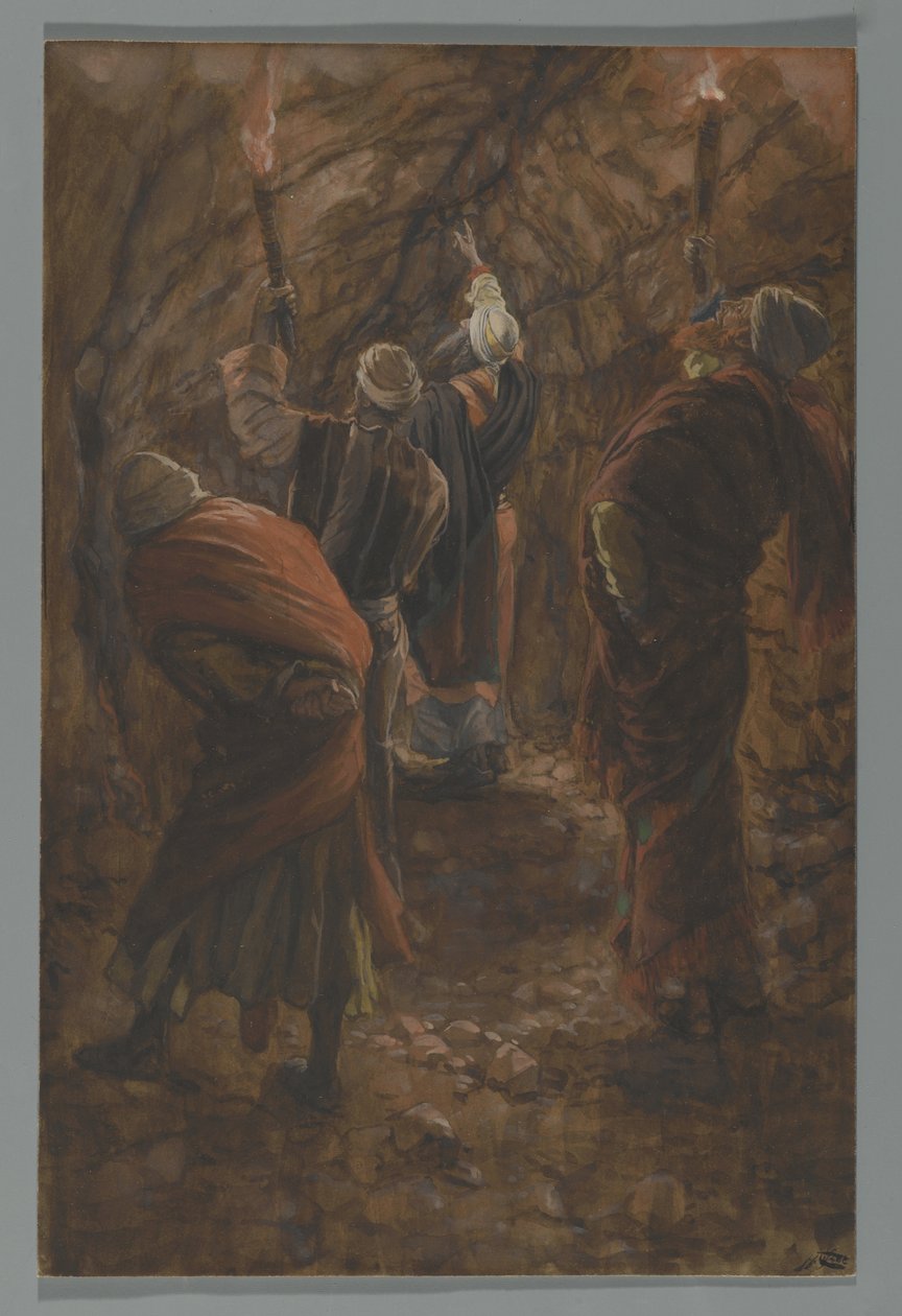 Propast ve skále v jeskyni pod Kalvárií, ilustrace ze Života našeho Pána Ježíše Krista, 1886-94 (wc přes grafit na papíře) od James Jacques Joseph Tissot