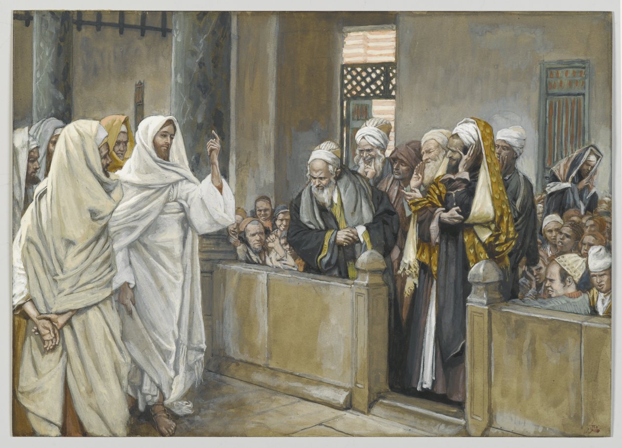 Vrchní kněží se ptají Ježíše, jakým právem takto jedná, ilustrace ze Života našeho Pána Ježíše Krista, 1886-94 (wc přes grafit na papíře) od James Jacques Joseph Tissot