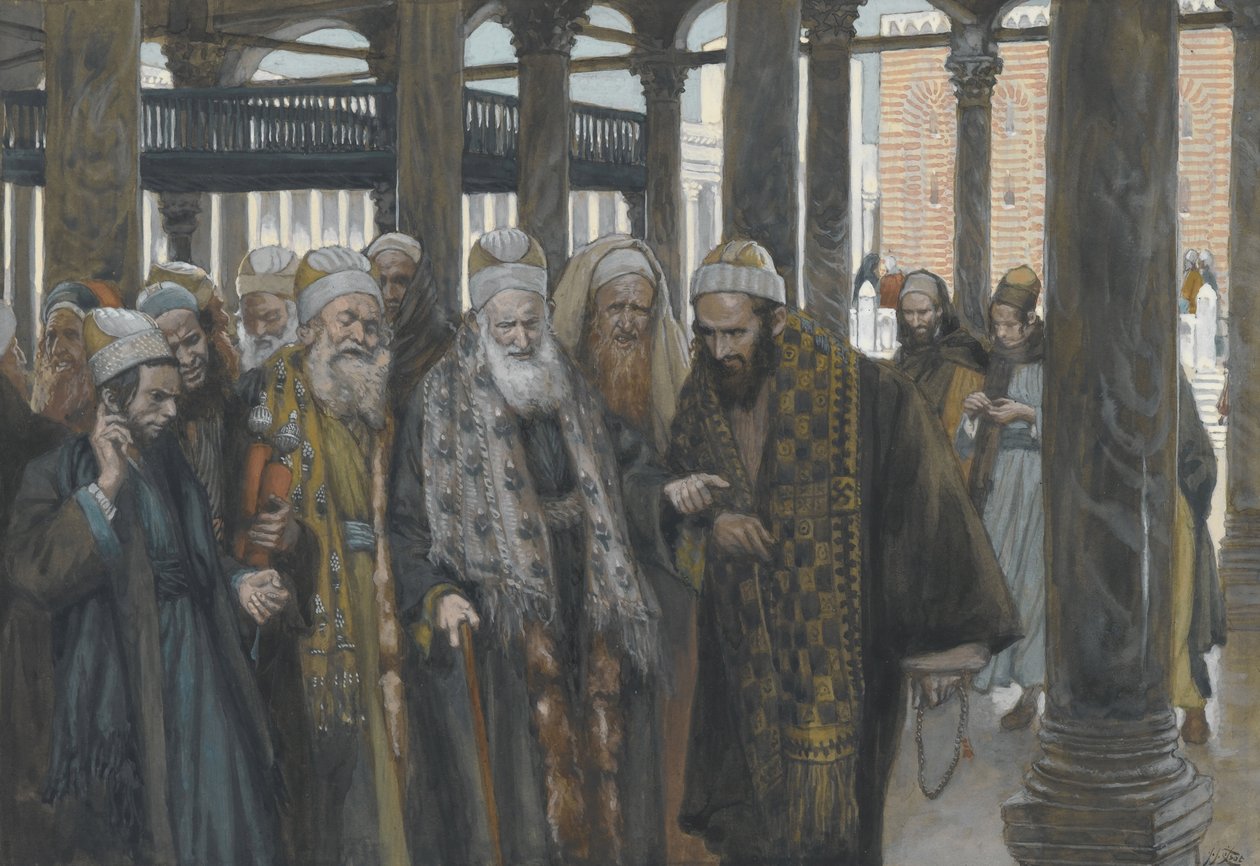 Hlavní kněží se společně radí, ilustrace ze Života našeho Pána Ježíše Krista, 1886-94 (wc přes grafit na papíře) od James Jacques Joseph Tissot