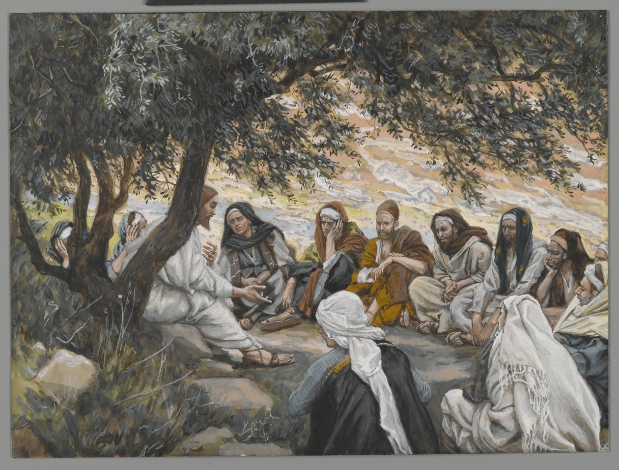 Nabádání k apoštolům, ilustrace ze Života našeho Pána Ježíše Krista (wc přes grafit na papíře) od James Jacques Joseph Tissot