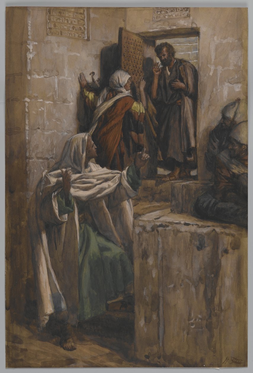 První popření svatého Petra, ilustrace ze Života našeho Pána Ježíše Krista, 1886-94 (wc přes grafit na papíře) od James Jacques Joseph Tissot
