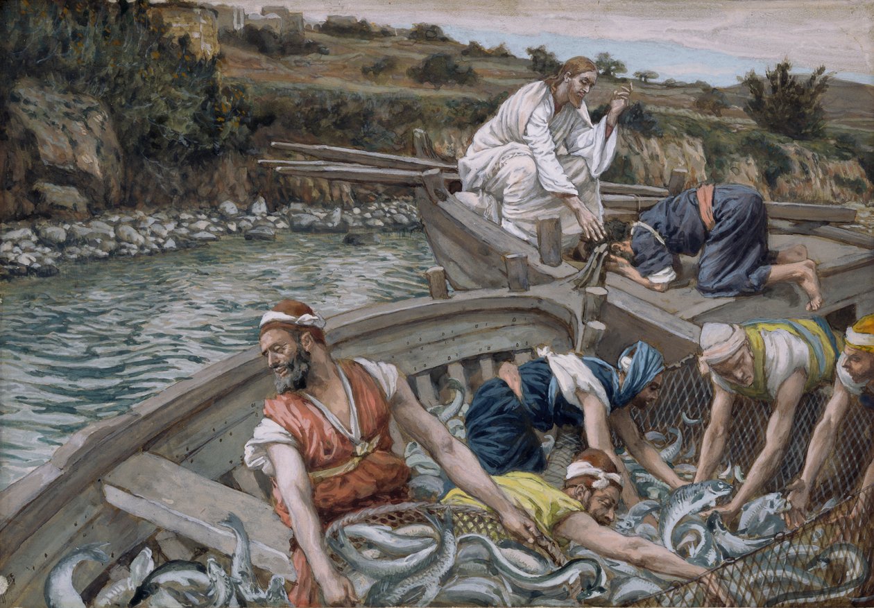 The First Miraculous Draft of Fish, ilustrace pro The Life of Christ, c.1886-94 (wc & kvaš na kartonu) od James Jacques Joseph Tissot