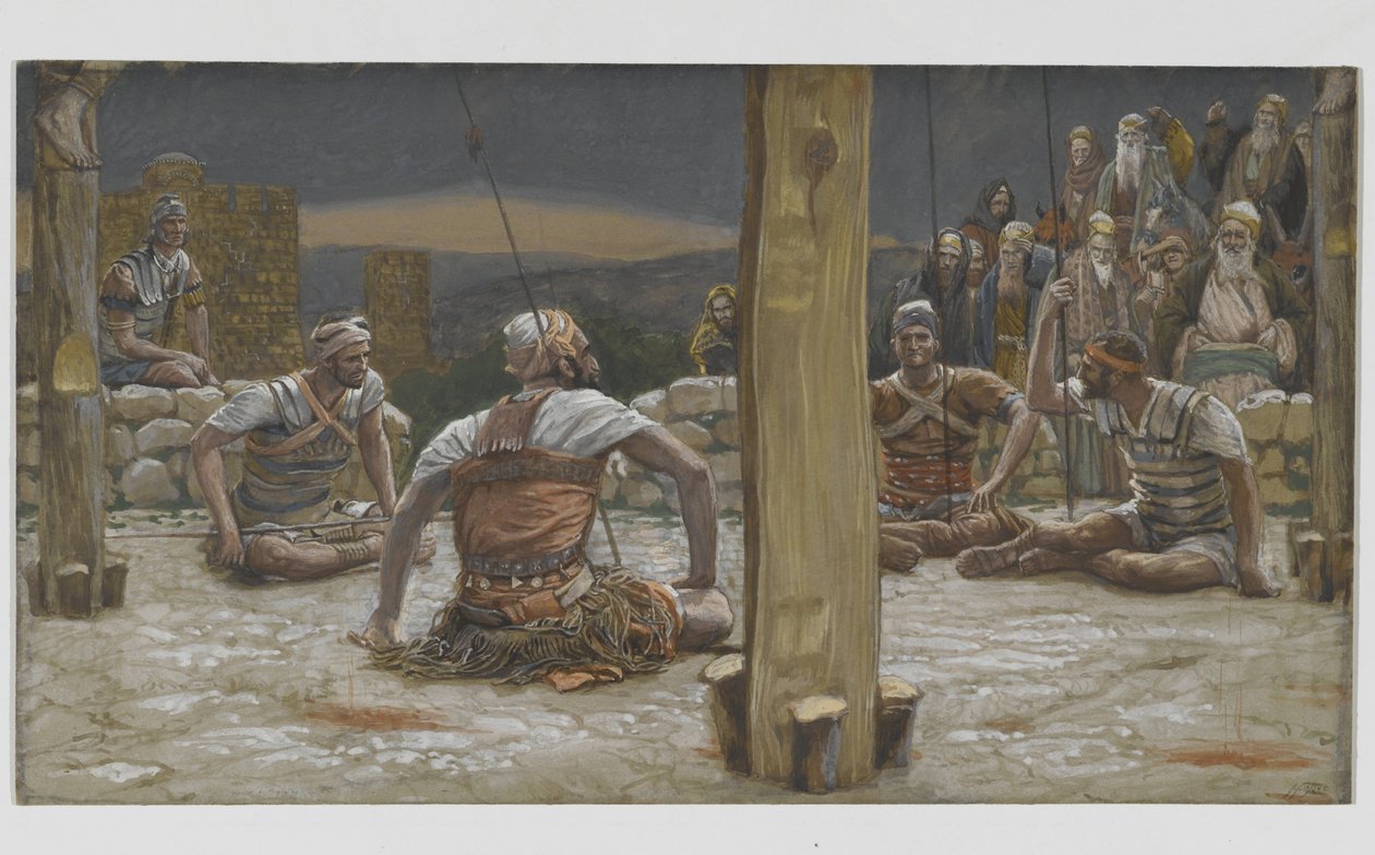 Čtyři strážci se posadili a sledovali ho, ilustrace ze Života našeho Pána Ježíše Krista, 1886-94 (wc přes grafit na papíře) od James Jacques Joseph Tissot