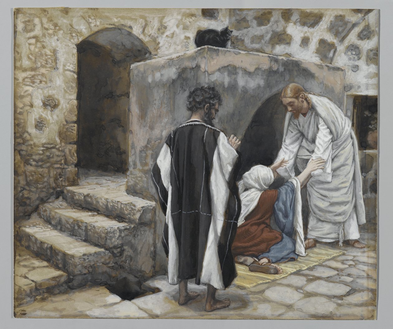 Uzdravení Peterovy tchyně, ilustrace ze Života našeho Pána Ježíše Krista (wc přes grafit na papíře) od James Jacques Joseph Tissot