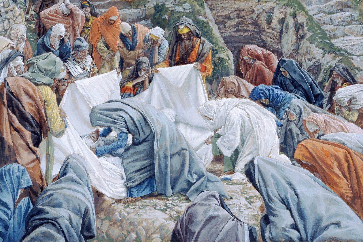Svatá Panna líbá Kristovu tvář předtím, než je zabalena do navíjecího listu, ilustrace pro The Life of Christ, c.1886-94 (wc & kvaš na kartonu) od James Jacques Joseph Tissot