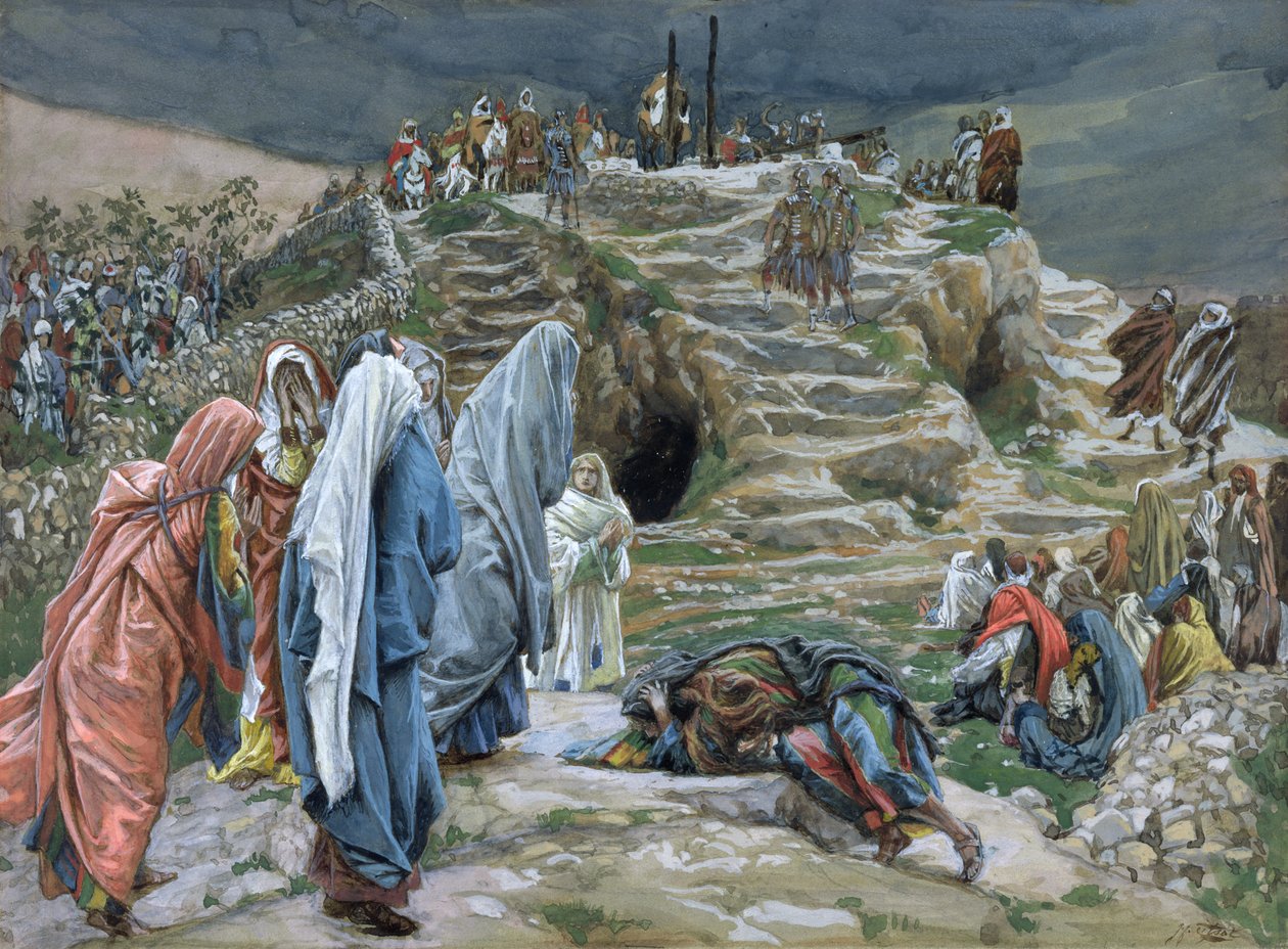 Svaté ženy stojí daleko a dívají se, co se děje, ilustrace pro Život Krista, kolem 1886-94 (wc a kvaš na kartonu) od James Jacques Joseph Tissot