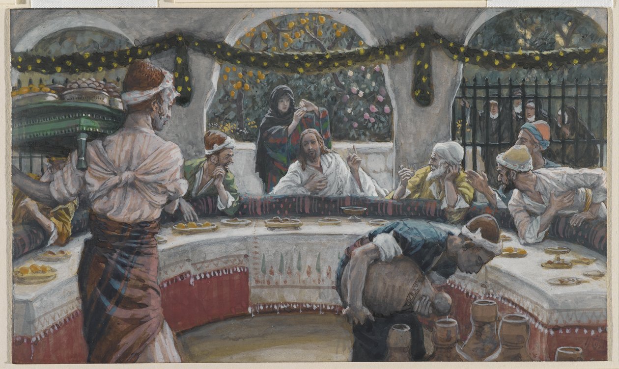 Jídlo v domě farizeje, ilustrace ze Života našeho Pána Ježíše Krista (wc přes grafit na papíře) od James Jacques Joseph Tissot
