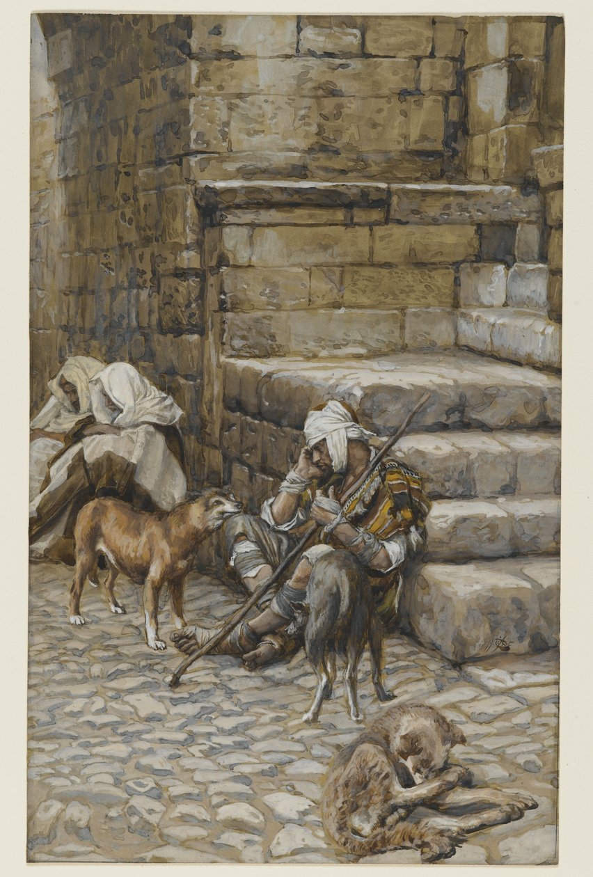Chudý Lazar u dveří bohatých, ilustrace ze Života našeho Pána Ježíše Krista (wc přes grafit na papíře) od James Jacques Joseph Tissot