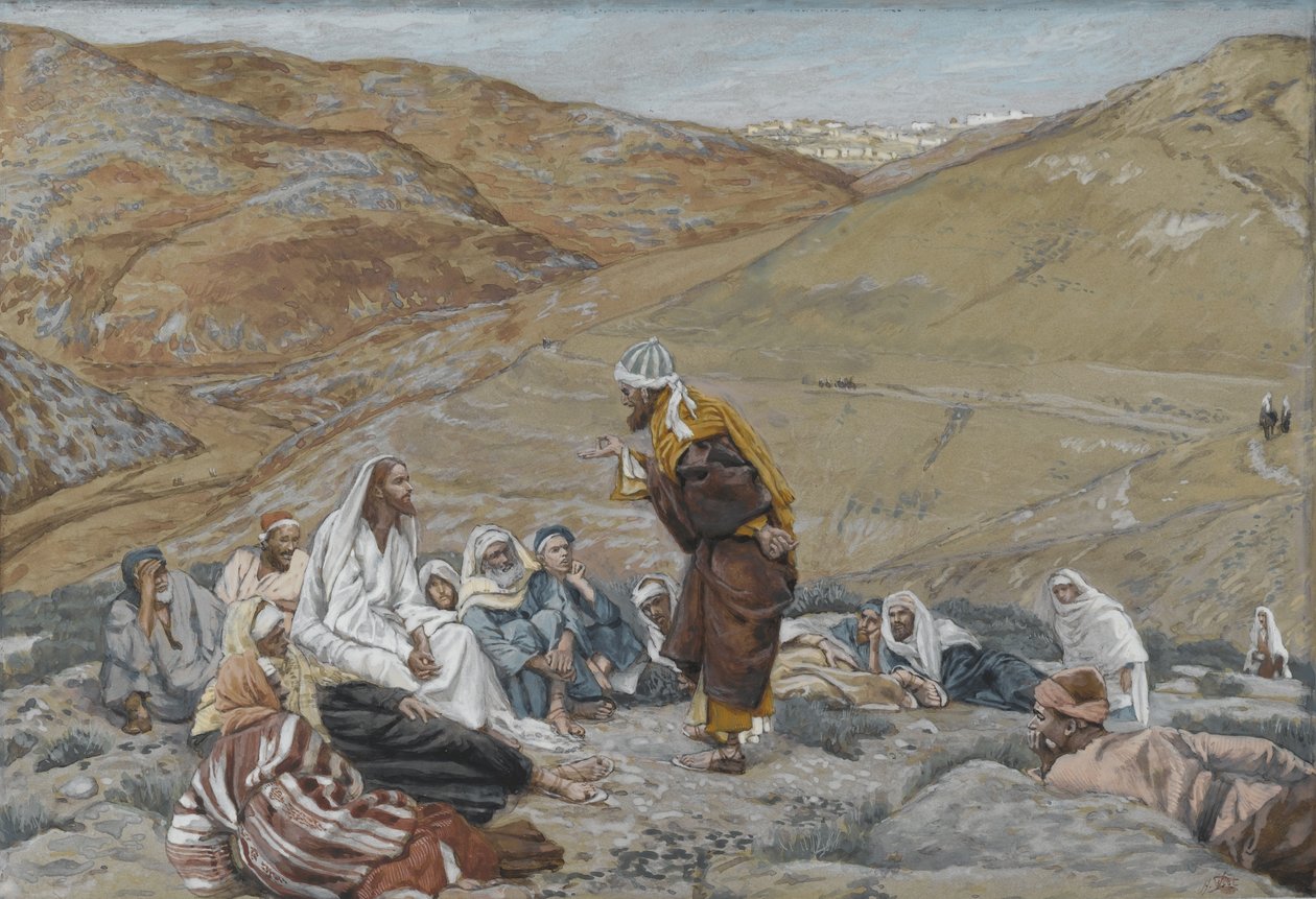 Písař stál, aby pokoušel Ježíše, ilustrace ze Života našeho Pána Ježíše Krista, 1886-94 (wc přes grafit na papíře) od James Jacques Joseph Tissot