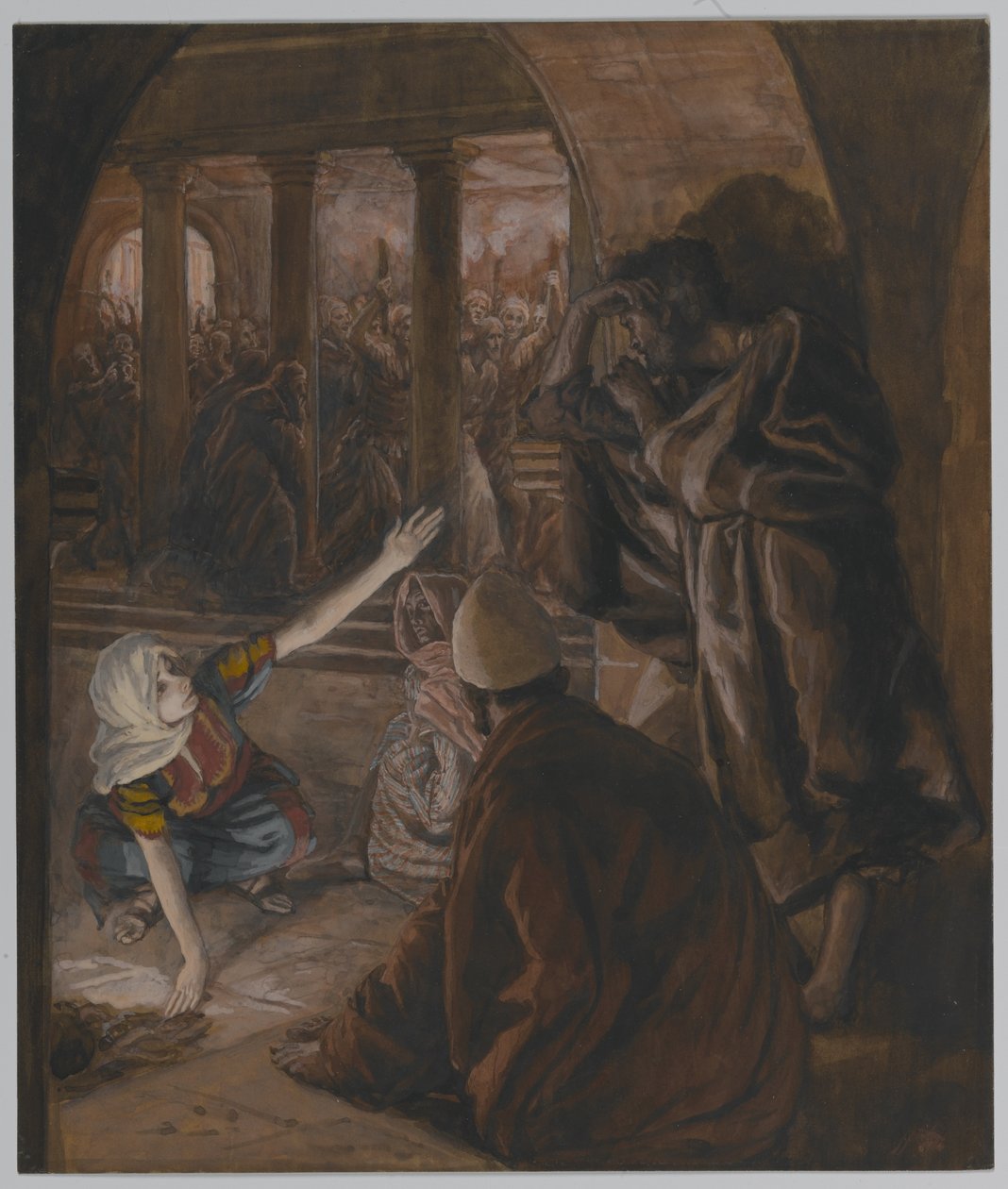 Třetí zapření svatého Petra – Ježíšův pohled potupy, ilustrace ze Života našeho Pána Ježíše Krista, 1886-94 (wc přes grafit na papíře) od James Jacques Joseph Tissot