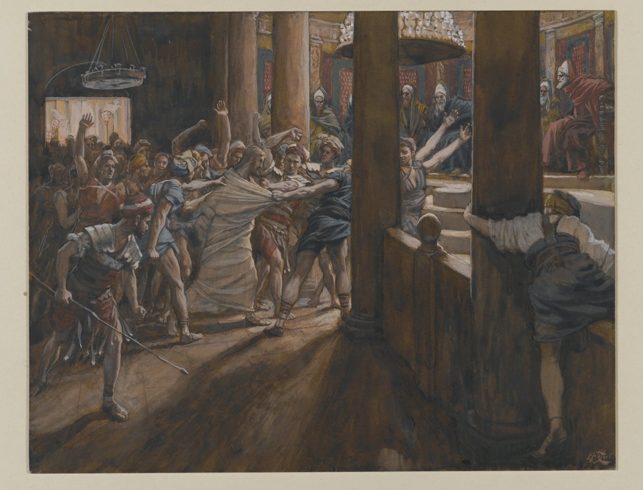 Annášův tribunál, ilustrace ze Života našeho Pána Ježíše Krista, 1886-94 (wc přes grafit na papíře) od James Jacques Joseph Tissot