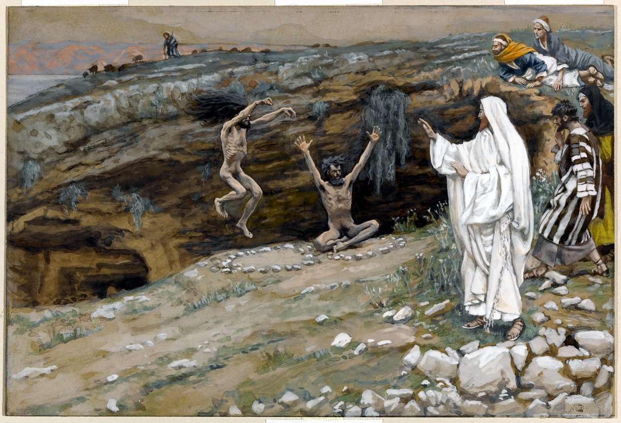 Dva muži posedlí nečistými duchy, ilustrace pro The Life of Christ, c.1884-96 (wc & kvaš na kartonu) od James Jacques Joseph Tissot