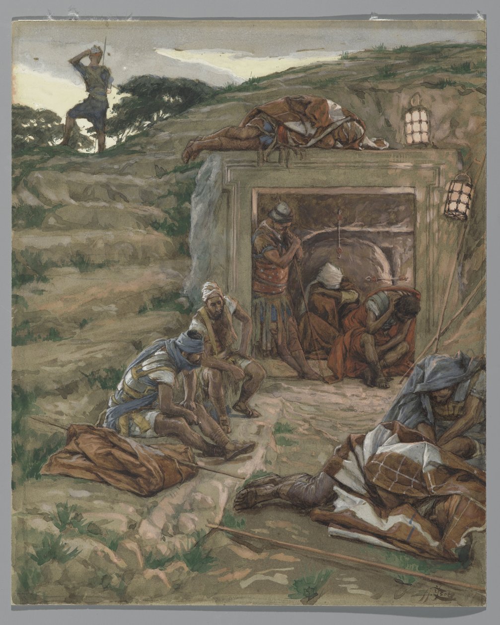 Stráž nad hrobem, ilustrace ze Života našeho Pána Ježíše Krista, 1886–94 (wc přes grafit na papíře) od James Jacques Joseph Tissot