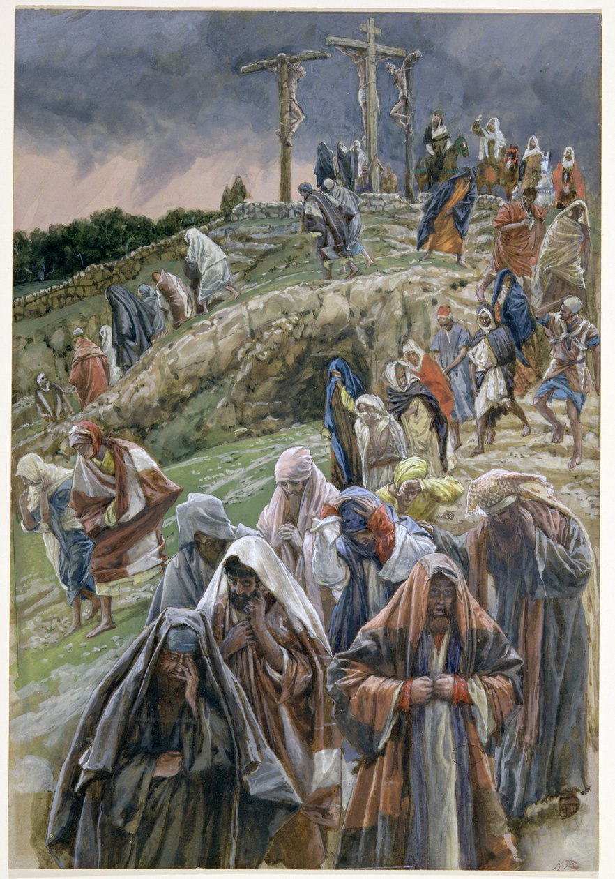 Lidé, kteří hleděli na to, co se stalo, se bili do prsou, ilustrace pro Život Kristův, cca 1886-96 (kvaš na kartonu) od James Jacques Joseph Tissot