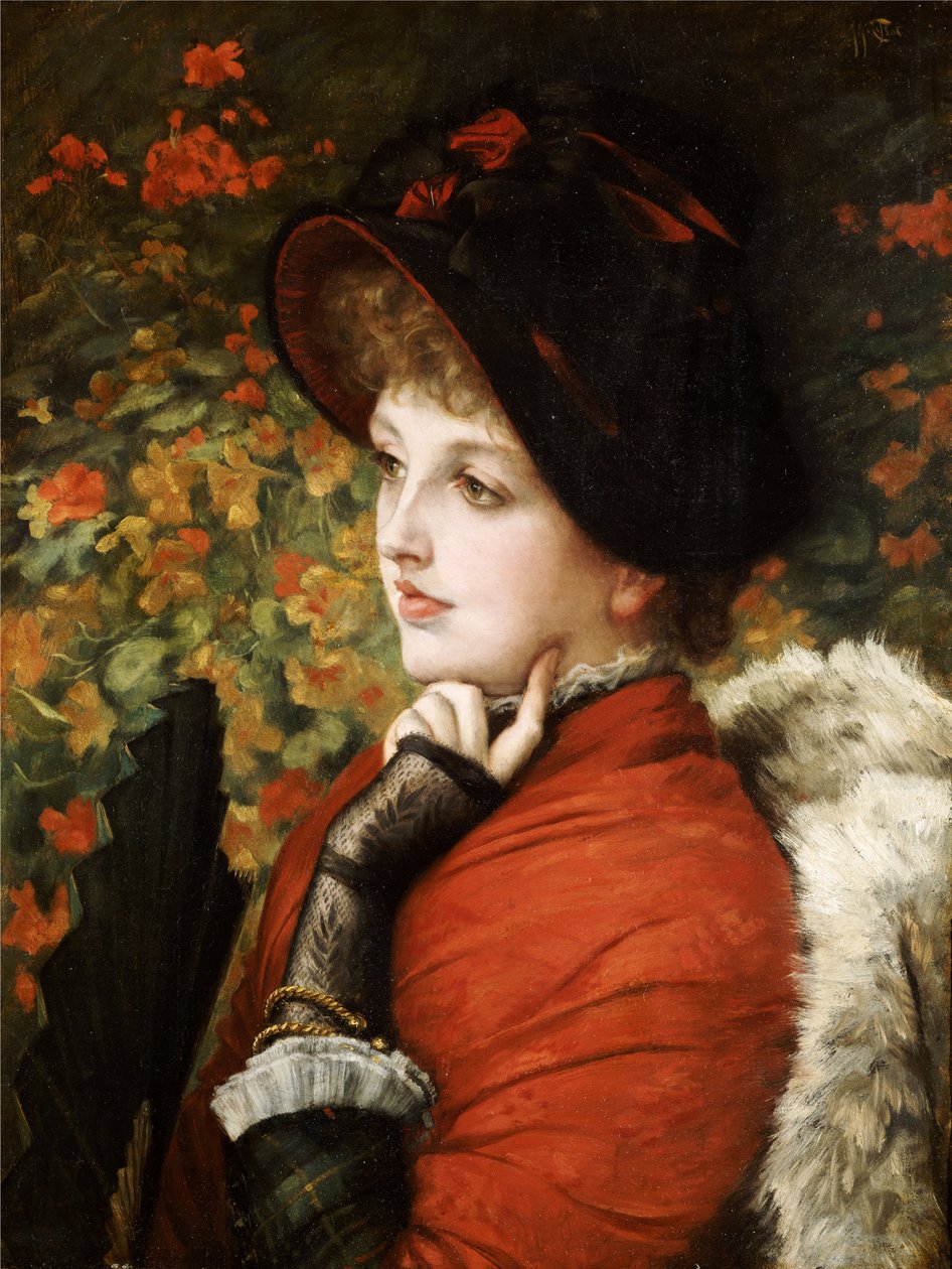 Typ krásy: Portrét paní Kathleen Newtonové v červených šatech a černém klobouku, 1880 od James Jacques Joseph Tissot