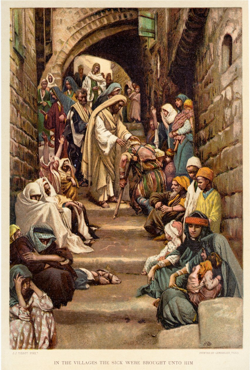 Ve vesnicích mu byli přinášeni nemocní - Bible od James Jacques Joseph after Tissot