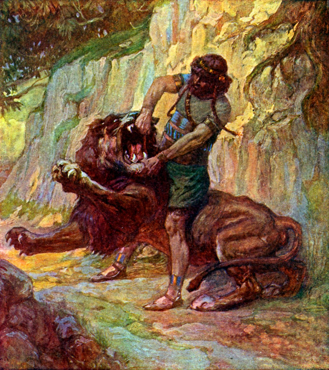 Samson zabije lva od J James Tissot - Bible od James Jacques Joseph after Tissot