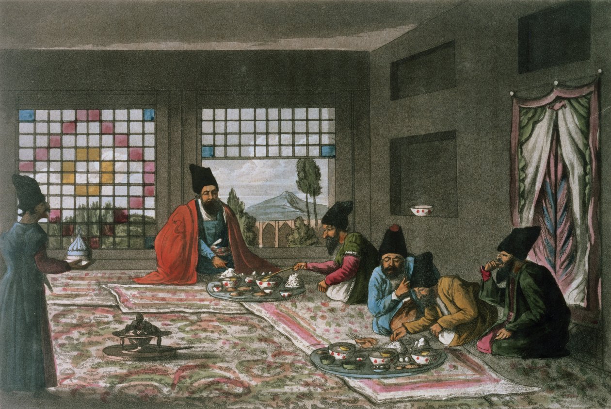 Perská snídaně z „Druhá cesta Persií 1810-16“, vyrytá Theodorem H.A. Fielding (1781-1851) od James Justinian (after) Morier