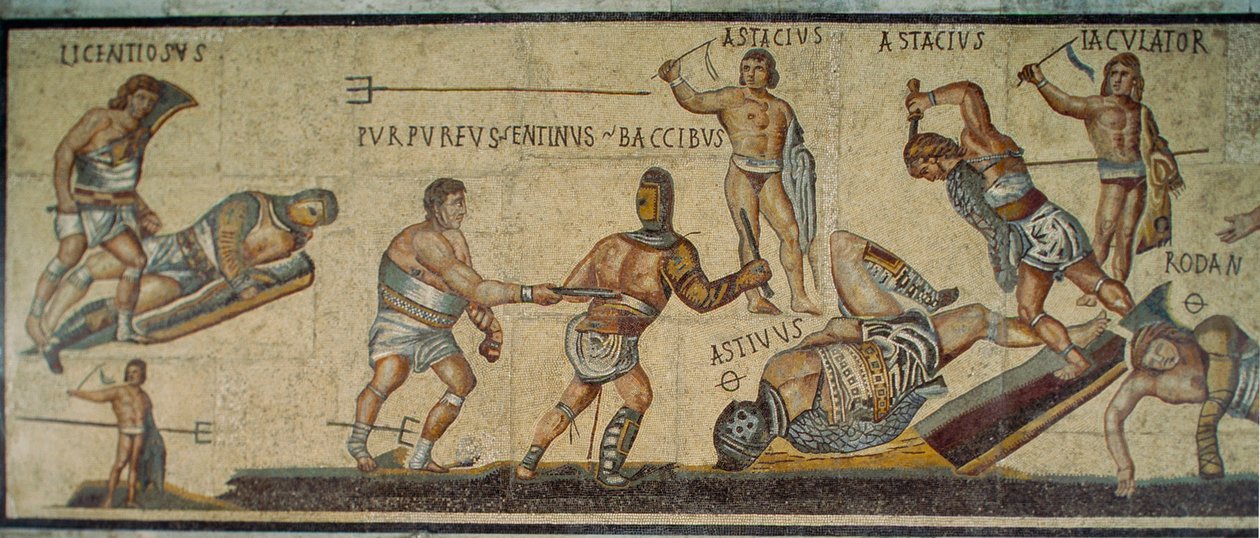 Římská mozaika zobrazující gladiátory bojující s různými zbraněmi. Galleria Borghese... od James L Stanfield