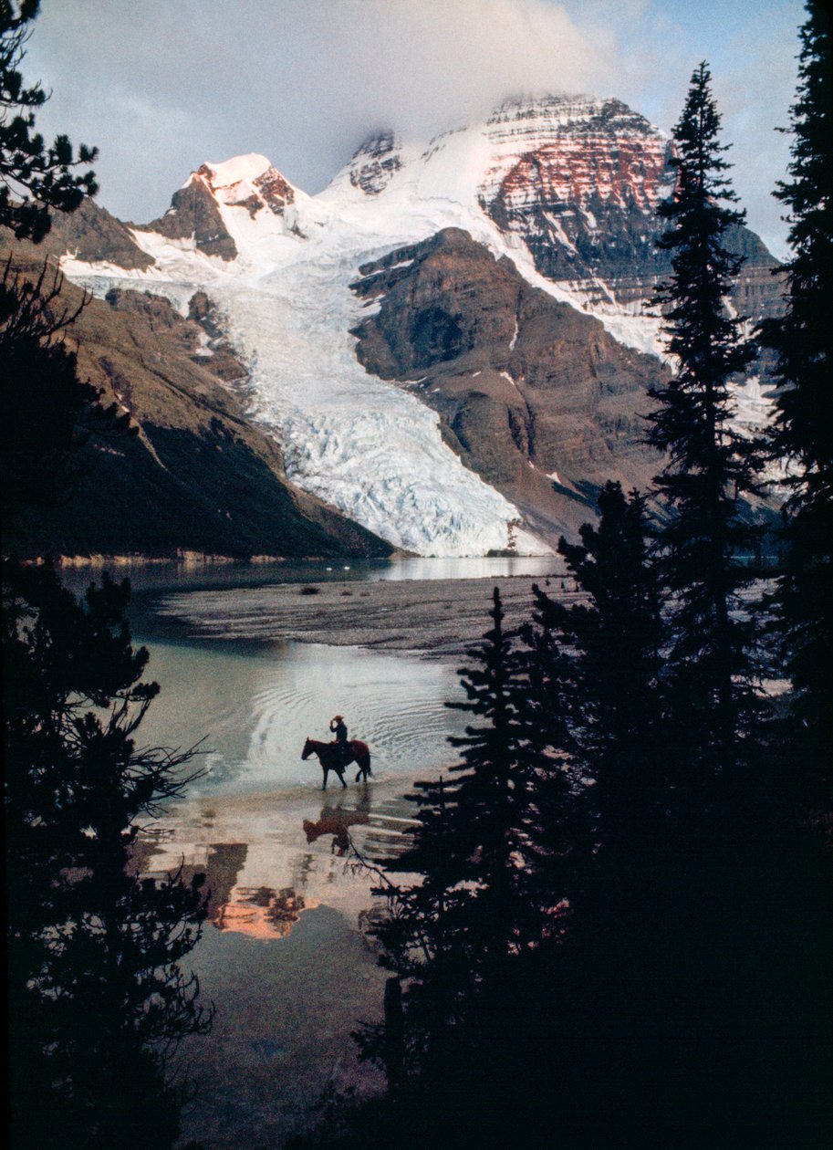 Osamělý kůň a jezdec se odrážejí od jezera na úpatí nejvyššího vrcholu Kanady. Mount Robson... od James L Stanfield