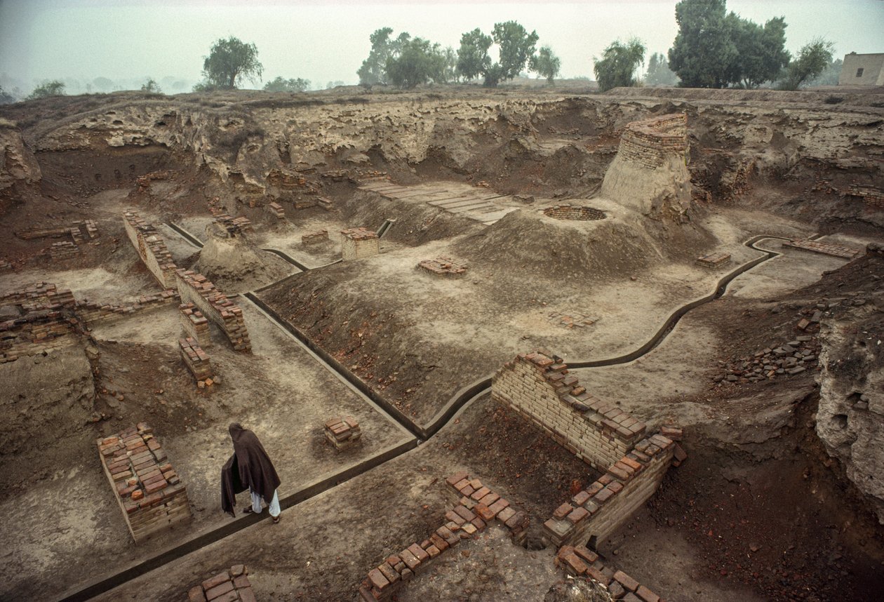 Přehled jámy vyplněné zbytky cihlových zdí, cihlová studna. HARAPPA E... od James L Stanfield