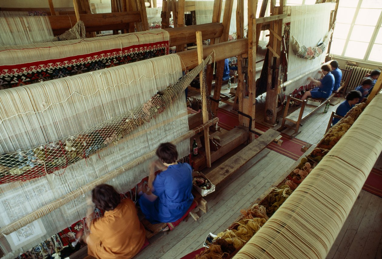 Ženy pracující u velkého tkalcovského stavu na koberce. Kotel, Bulharsko. od James L Stanfield
