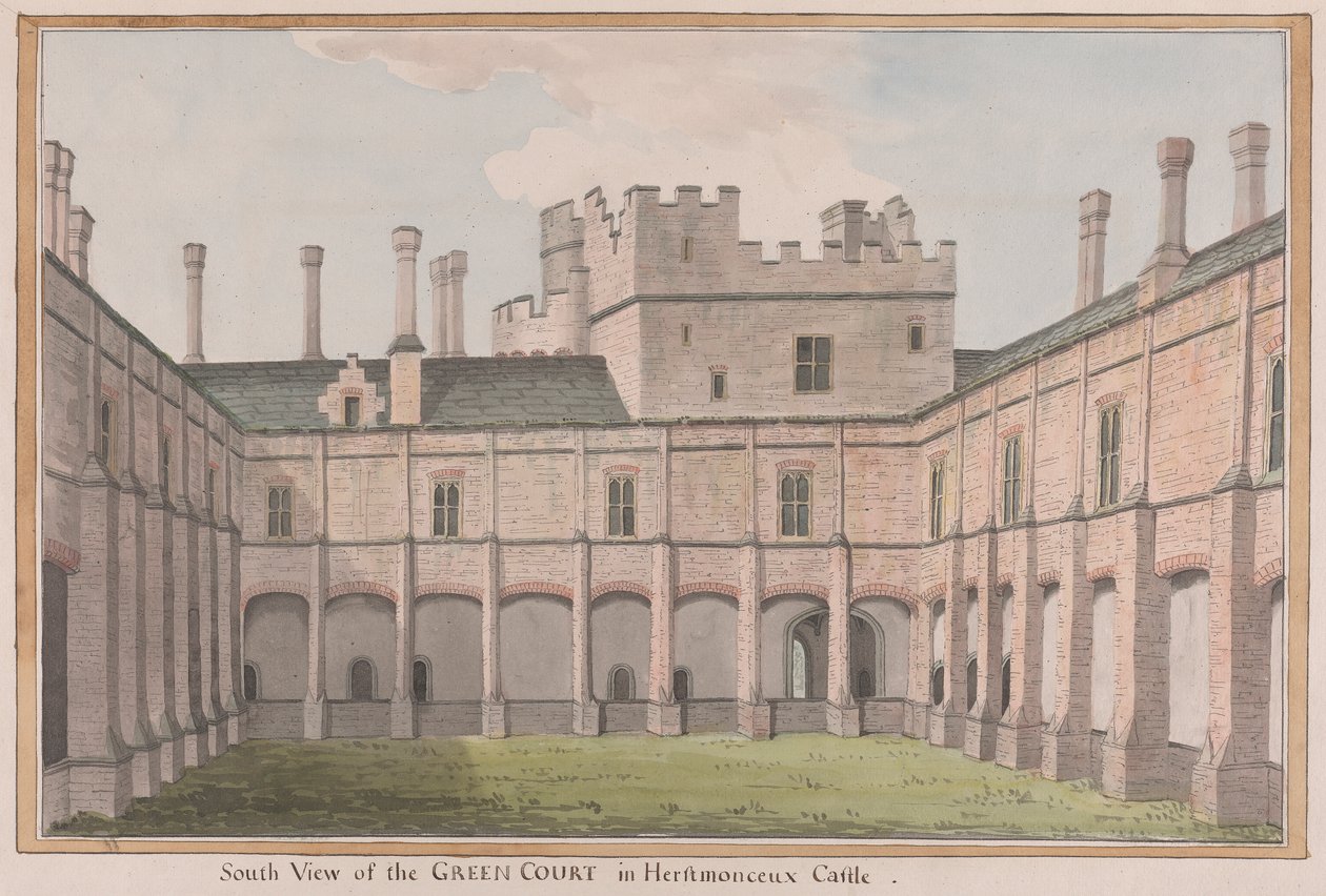 Herstmonceux Castle, East Sussex: Jižní pohled na Green Court od James Lambert  of Lewes
