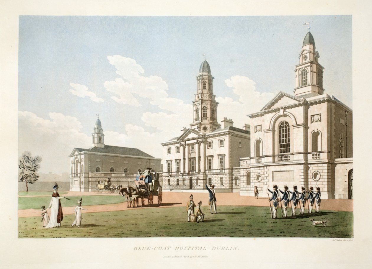 Blue-coat Hospital, Dublin, 1798 (ručně kolorovaná rytina) od James Malton