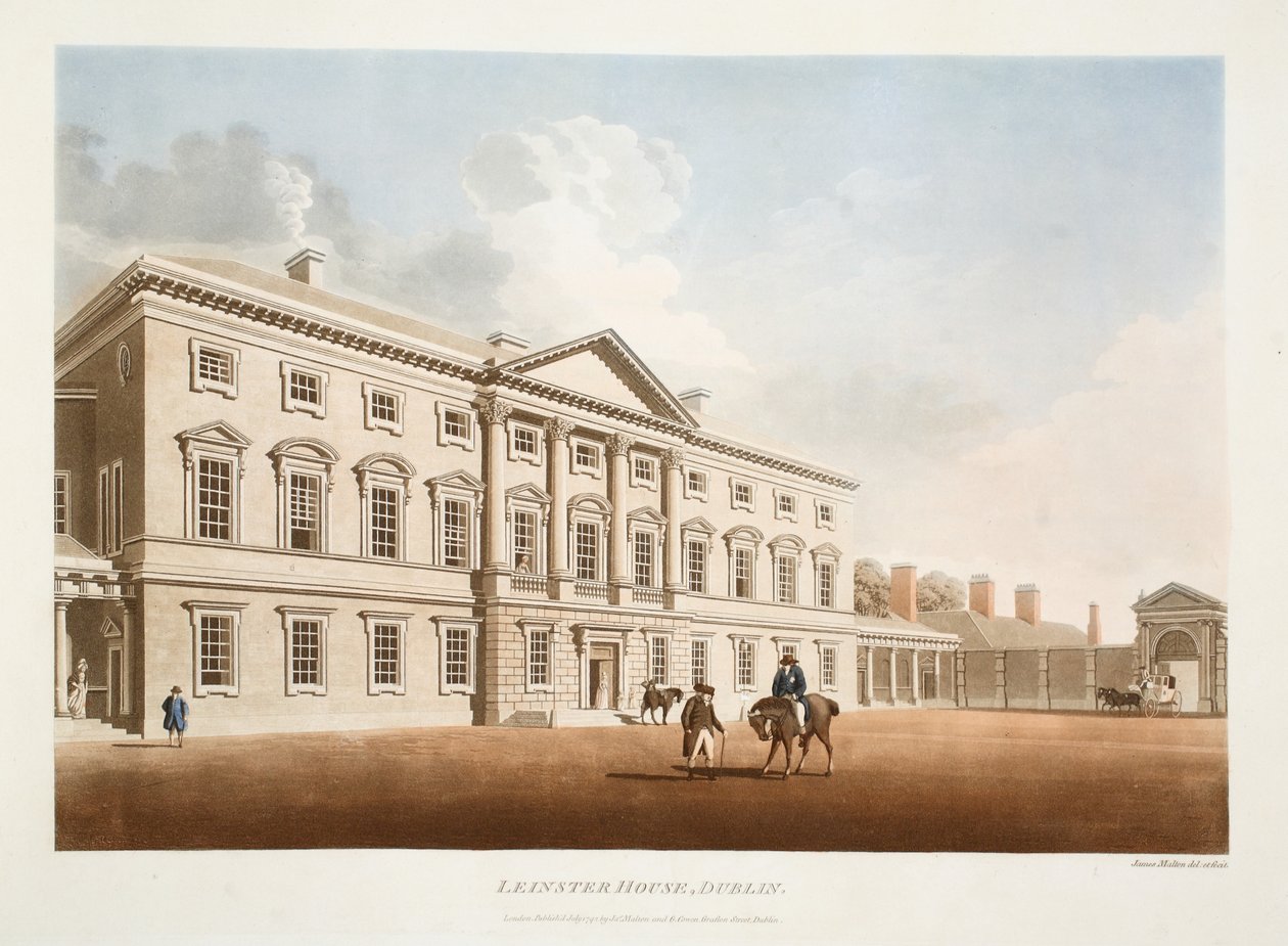 Leinster House, Dublin, 1792 (ručně kolorovaná rytina) od James Malton