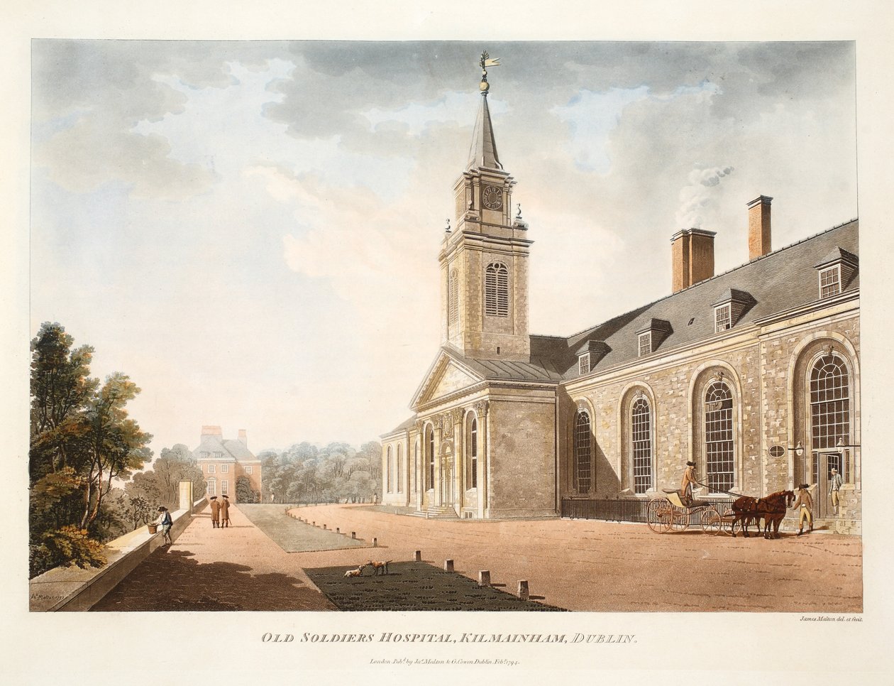 Old Soldiers Hospital, Kilmainham, Dublin, 1794 (ručně kolorovaná rytina) od James Malton