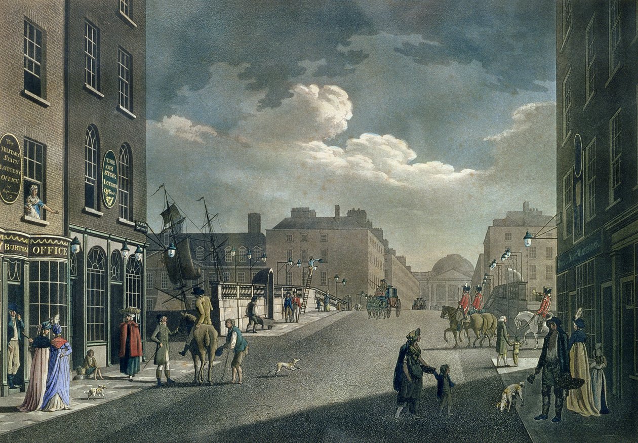 Pohled z Capel Street, při pohledu přes Essex Bridge, Dublin, z "Souboru dvaceti pohledů na Dublin", 1797 od James Malton