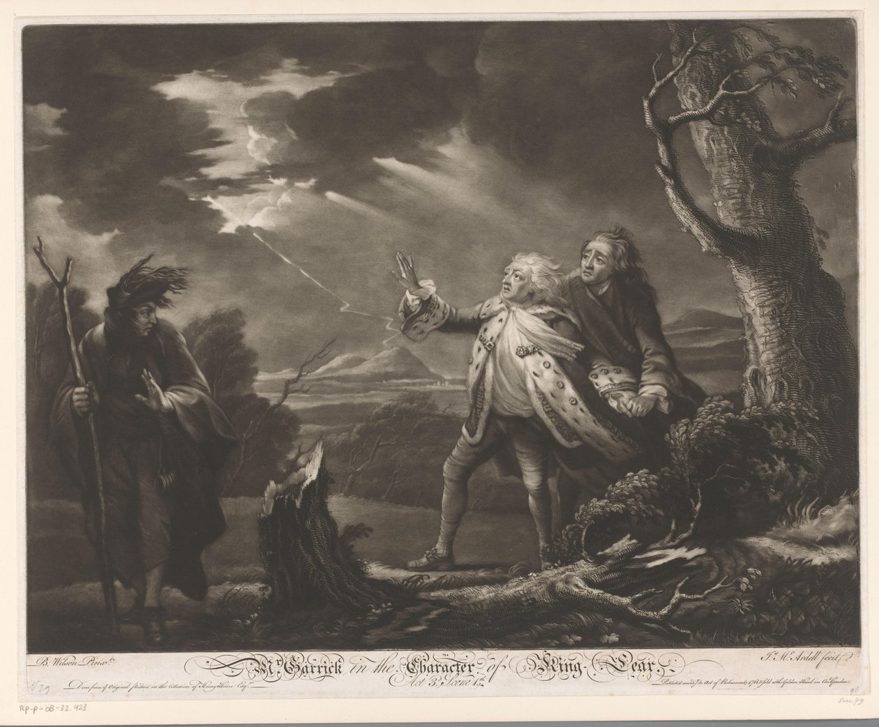 David Garrick jako král Lear s hrabětem z Kentu a Edgarem v přestrojení za Toma v bouřlivé krajině pan. Garrick v postavě krále Leara (název na předmětu) od James McArdell