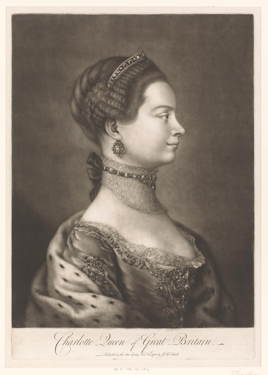 Portrét van Charlotte van Mecklenburg Charlotte Queen of Great Britain (titul na předmětu) od James McArdell