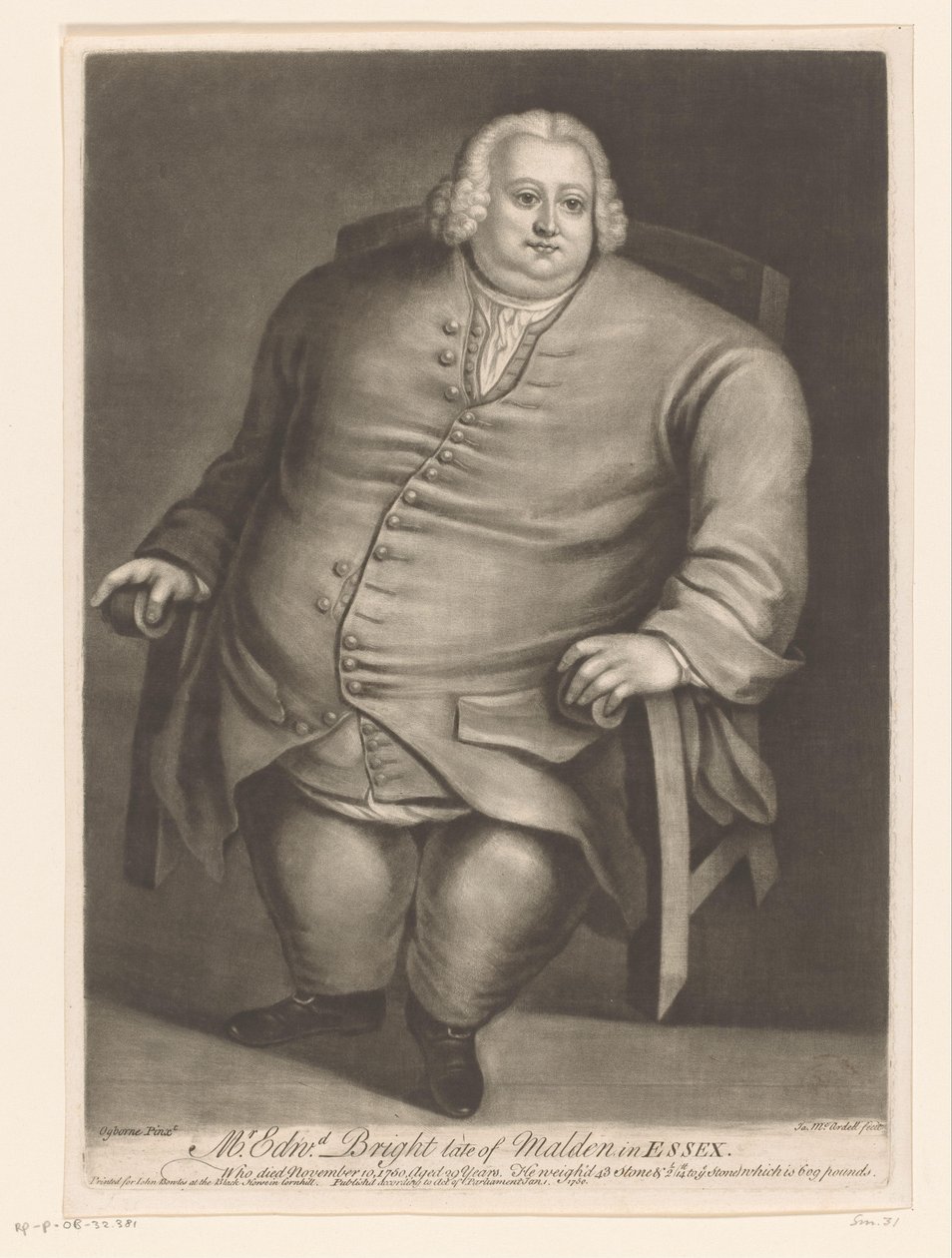 Portrét van Edwarda Brighta Pane Edwd. Bright late of Malden v Essexu (název na objektu) od James McArdell
