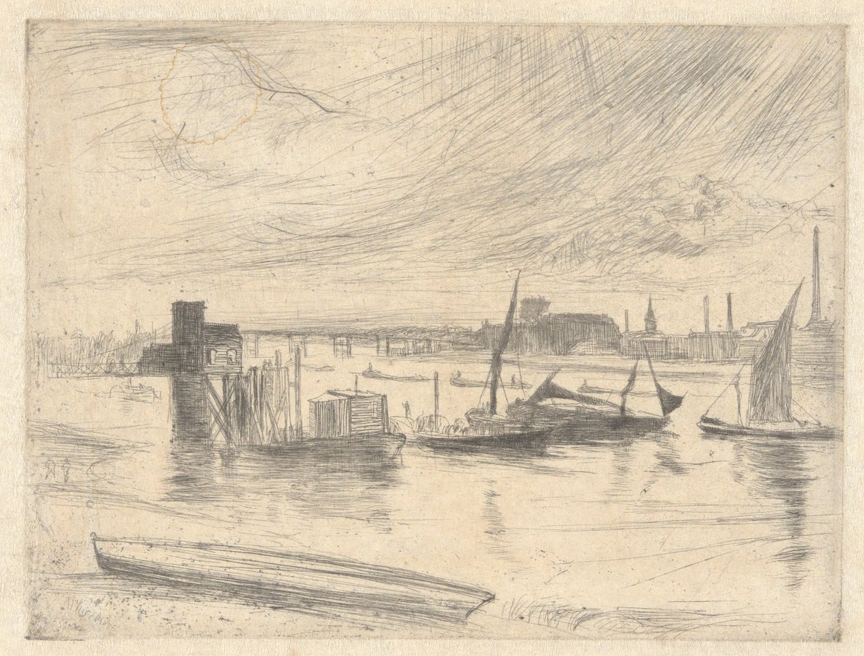 Battersea Dawn (Cadogan Pier), z Temže Set (Série šestnácti leptů scén na Temži a dalších témat) od James Abbott McNeill Whistler