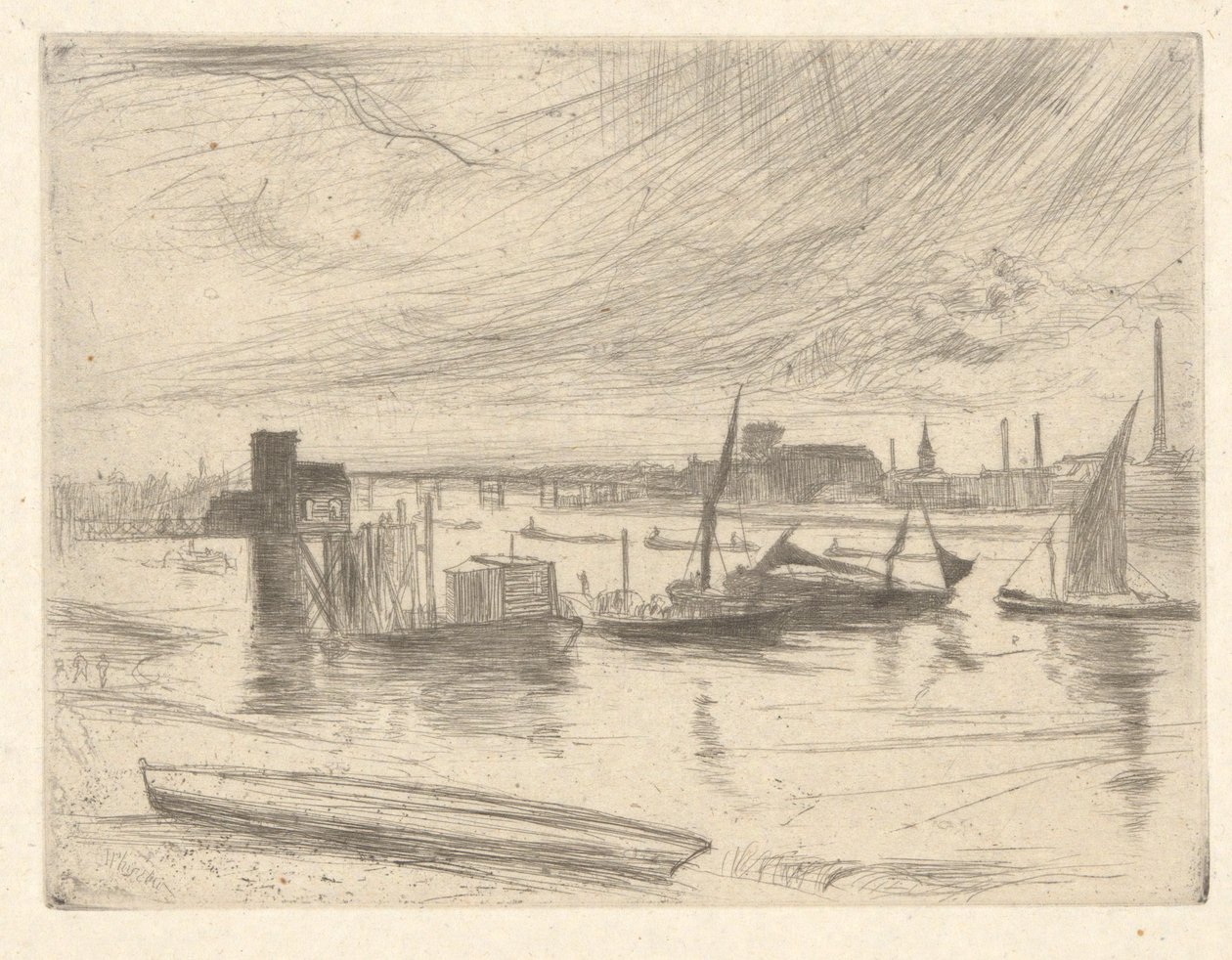 Battersea Dawn (Cadogan Pier), z Temže Set (Série šestnácti leptů scén na Temži a dalších témat) od James Abbott McNeill Whistler