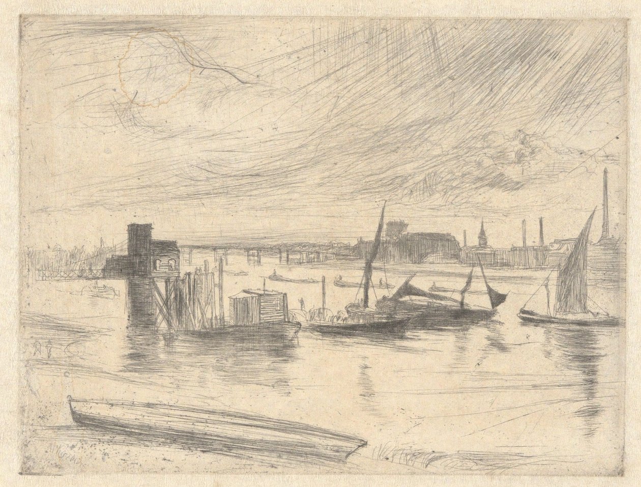 Svítání v Battersea (molo Cadogan), ze souboru Temže (série šestnácti leptů scén na Temži a jiných námětů) od James McNeill Whistler