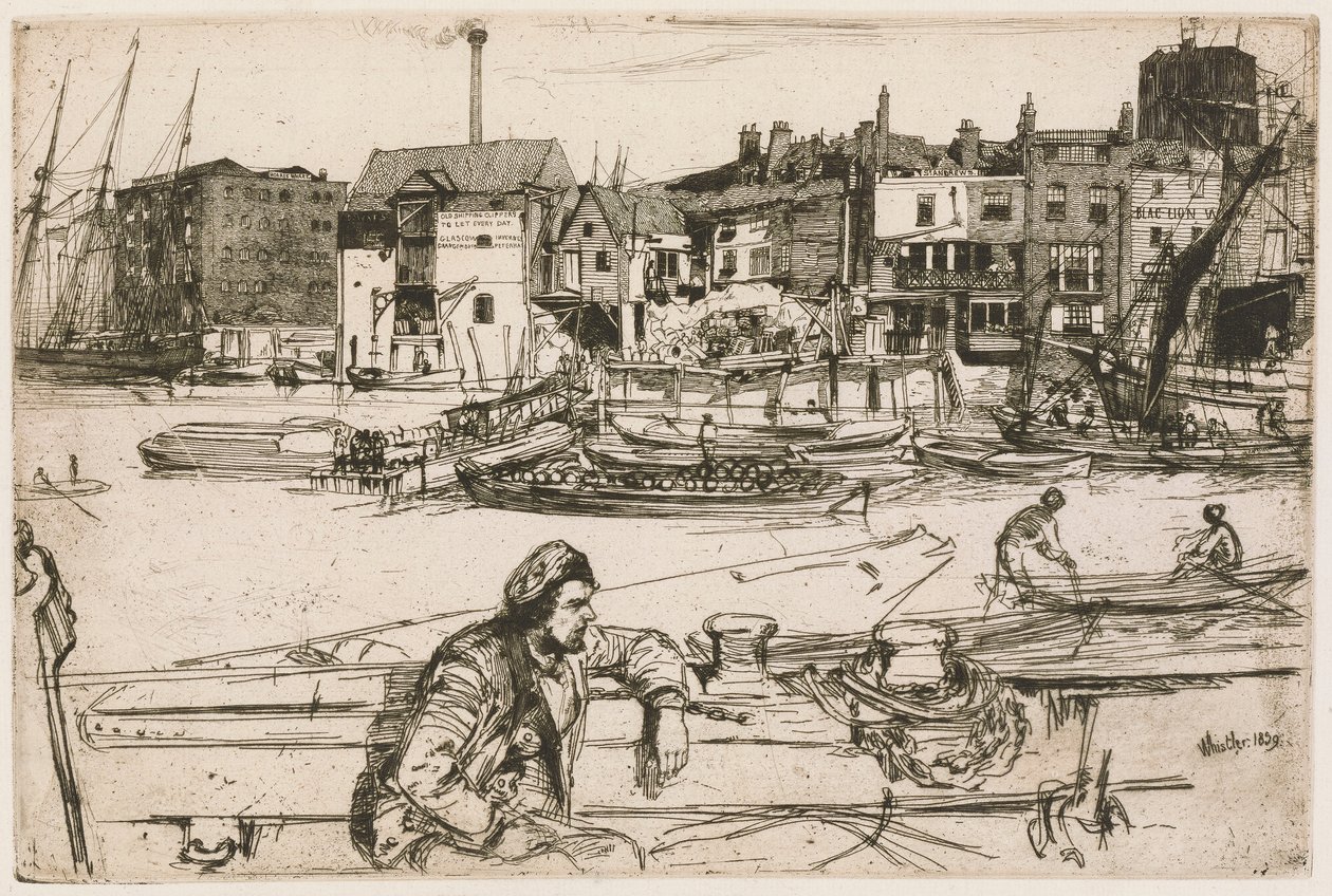 Přístaviště černých lvů, ze souboru Temže (Série šestnácti leptů scén na Temži a dalších témat) od James Abbott McNeill Whistler