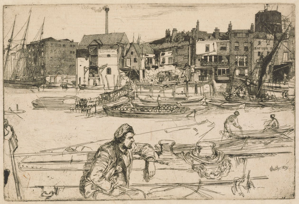 Přístaviště černých lvů, ze souboru Temže (Série šestnácti leptů scén na Temži a dalších témat) od James Abbott McNeill Whistler