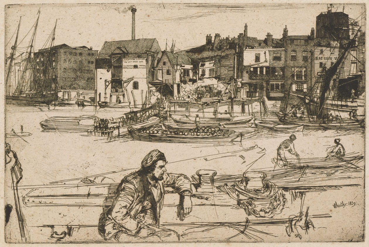 Přístaviště Black Lion, ze souboru „Thames Set“ (Série šestnácti leptů zachycujících výjevy z Temže a další náměty) od James McNeill Whistler