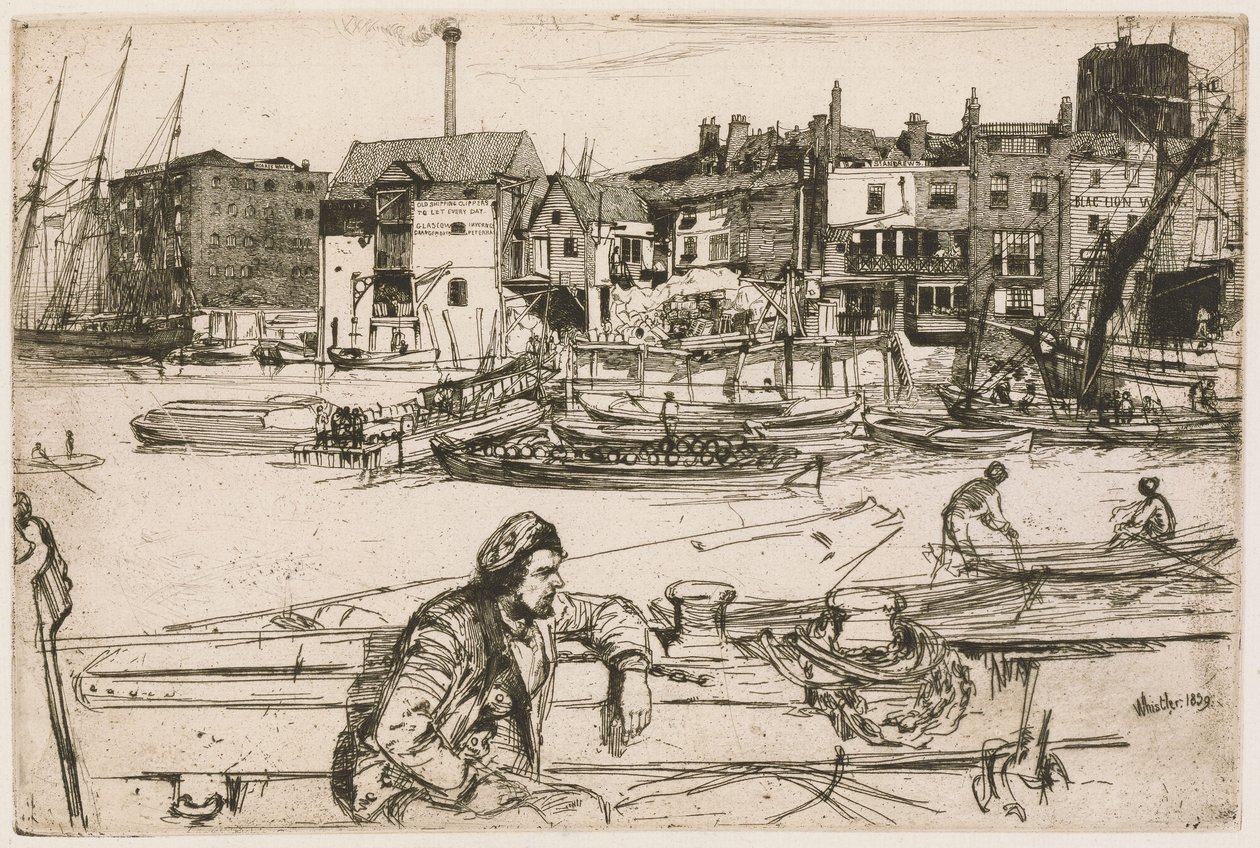 Přístaviště Black Lion, ze souboru „Temže“ (Série šestnácti leptů zachycujících výjevy z Temže a další náměty) od James McNeill Whistler