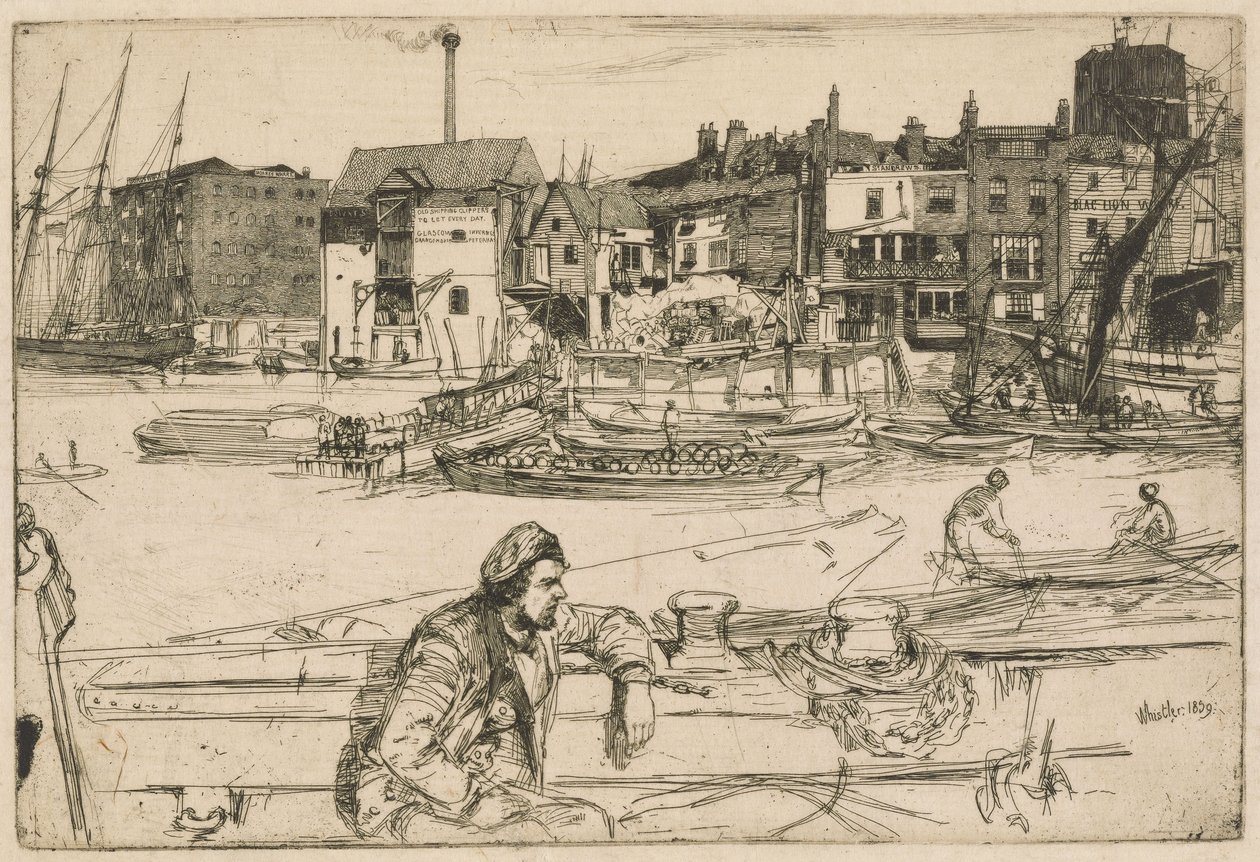 Přístaviště Black Lion, ze souboru Temže (Série šestnácti leptů se scénami na Temži a jinými náměty) od James McNeill Whistler