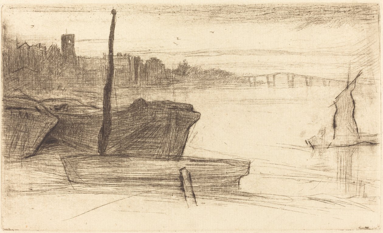 Chelsea Bridge a kostel od James Abbott McNeill Whistler